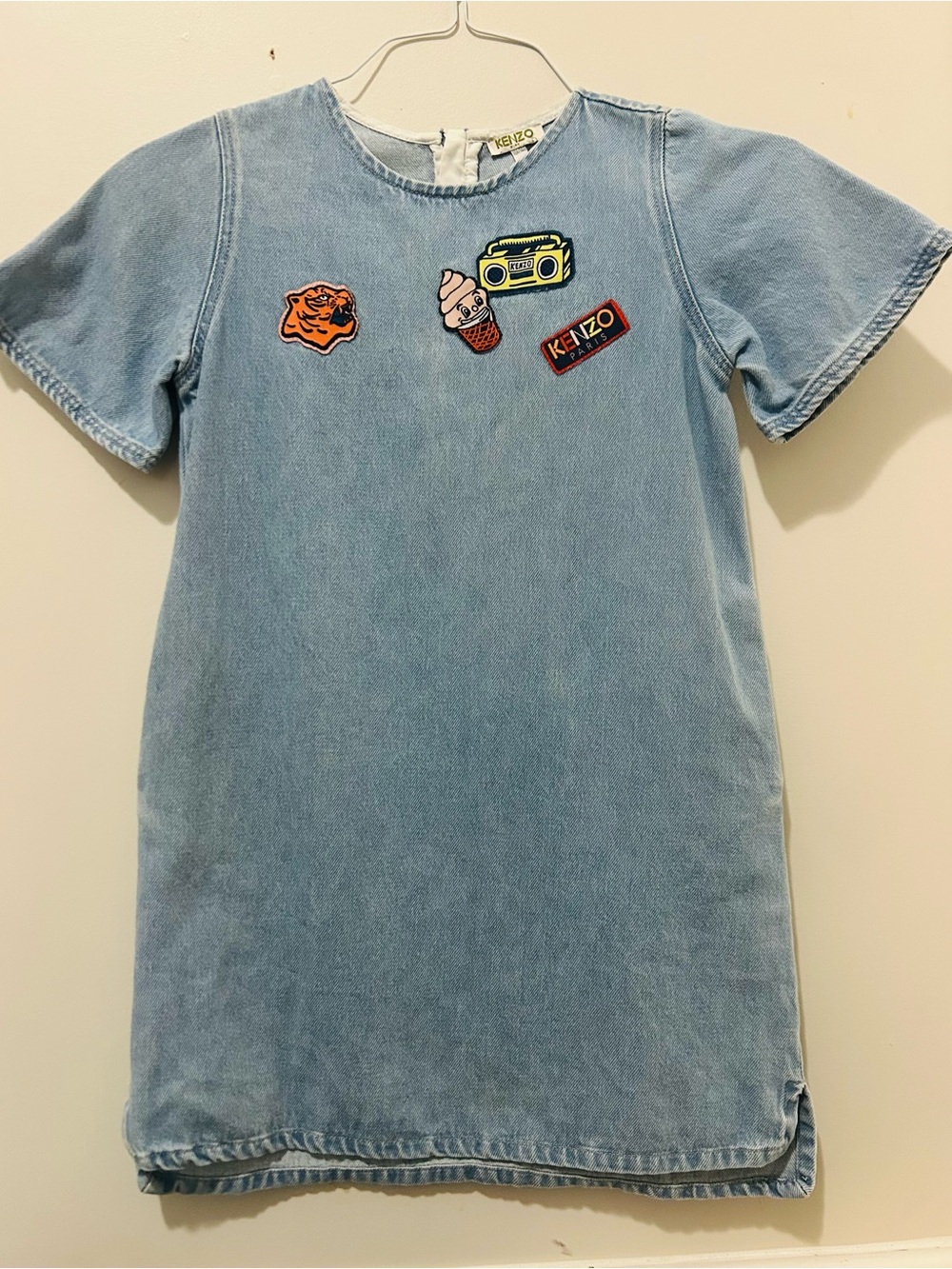 Kenzo Kids Light Blue Denim Tee Dress with Patch Motifs